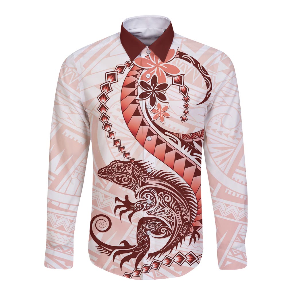 Red Maori Tuatara Long Sleeve Button Shirt Luxury Pastel Pattern LT01 Unisex Red - Polynesian Pride