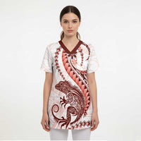 Red Maori Tuatara Scrub Top Luxury Pastel Pattern - Polynesian Pride
