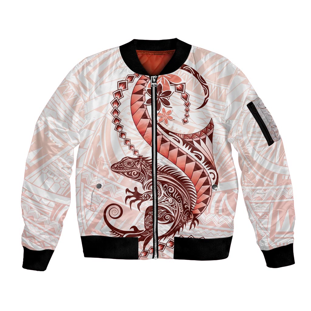 Red Maori Tuatara Sleeve Zip Bomber Jacket Luxury Pastel Pattern LT01 Unisex Red - Polynesian Pride