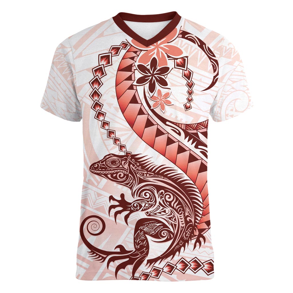 Red Maori Tuatara Women V-Neck T-Shirt Luxury Pastel Pattern