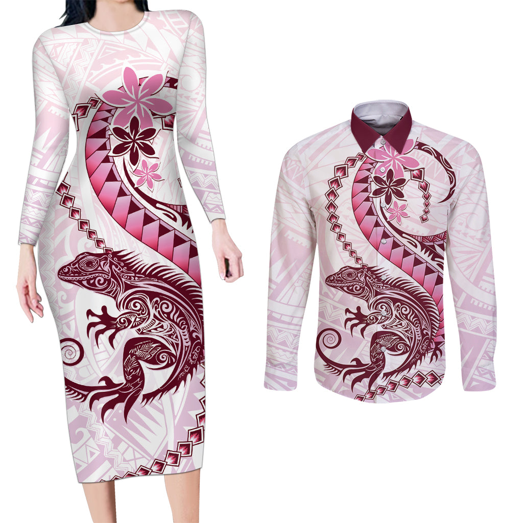 Pink Maori Tuatara Couples Matching Long Sleeve Bodycon Dress and Long Sleeve Button Shirt Luxury Pastel Pattern LT01 Pink - Polynesian Pride