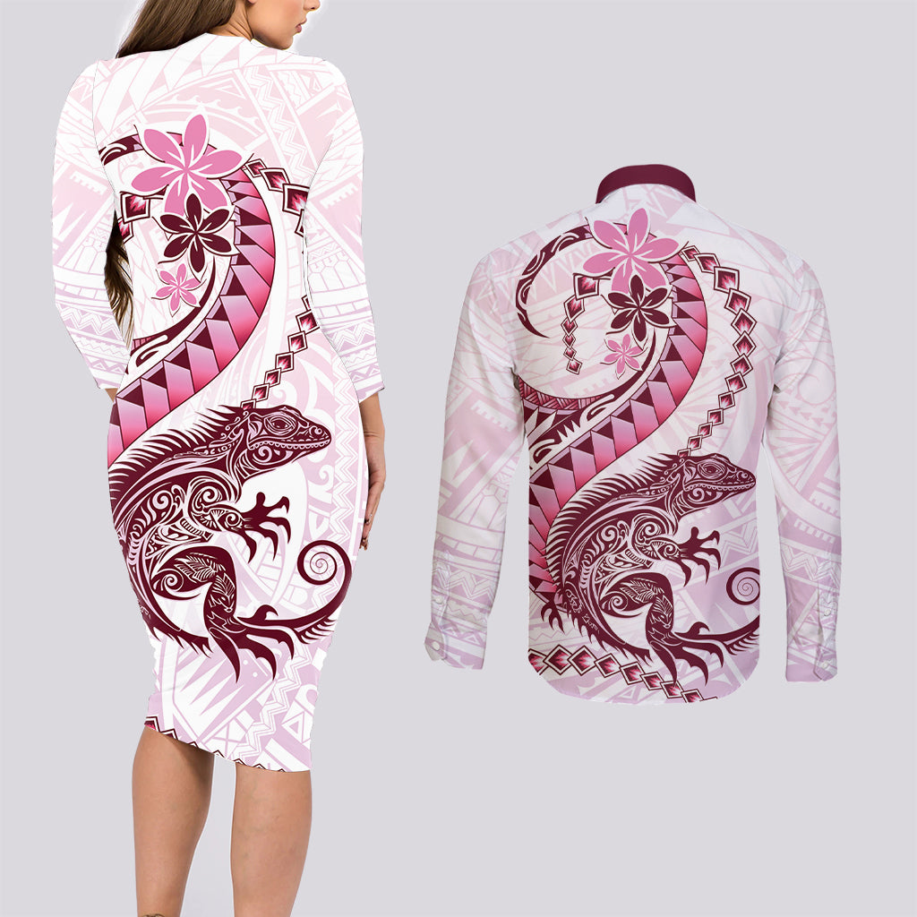 Pink Maori Tuatara Couples Matching Long Sleeve Bodycon Dress and Long Sleeve Button Shirt Luxury Pastel Pattern