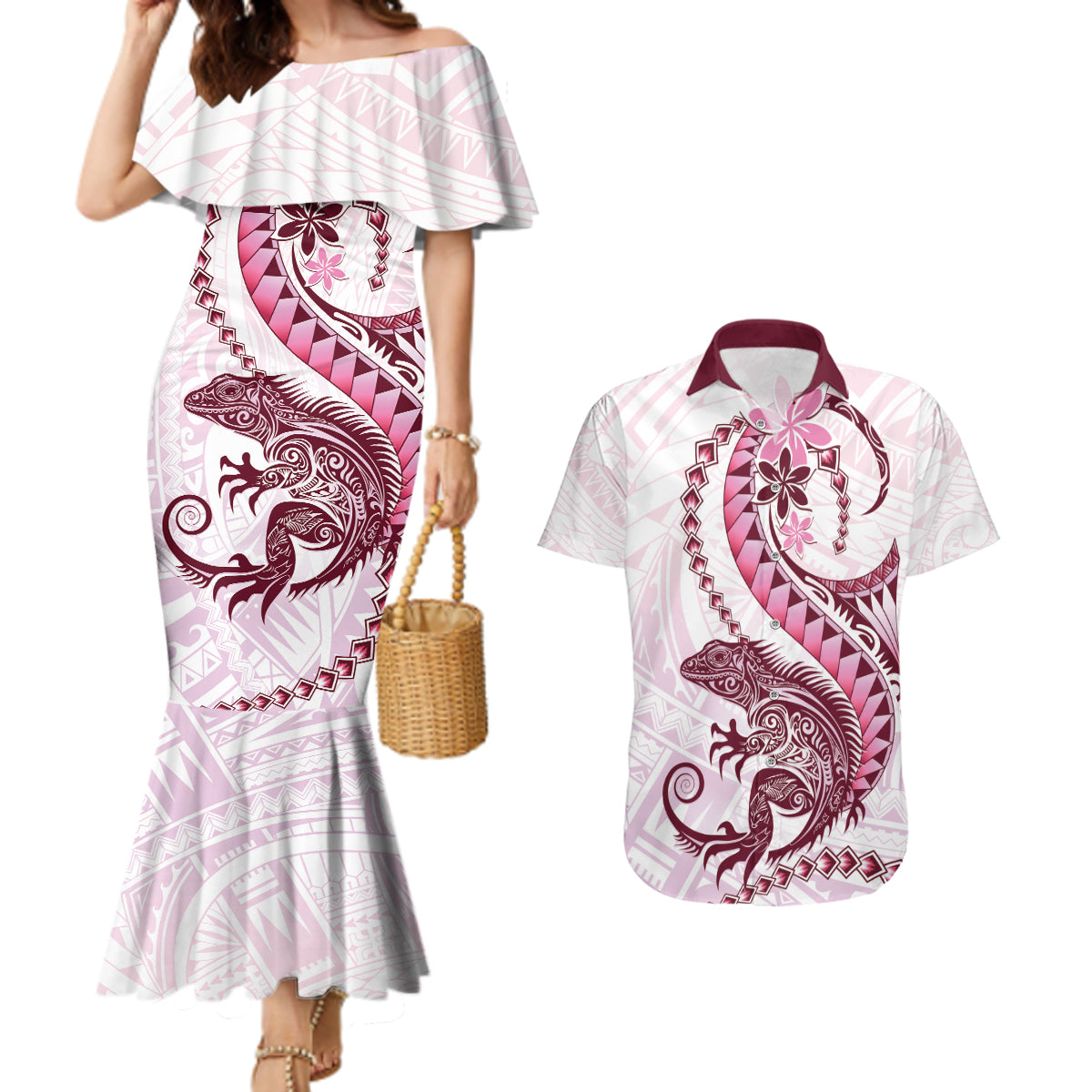 Pink Maori Tuatara Couples Matching Mermaid Dress and Hawaiian Shirt Luxury Pastel Pattern LT01 Pink - Polynesian Pride