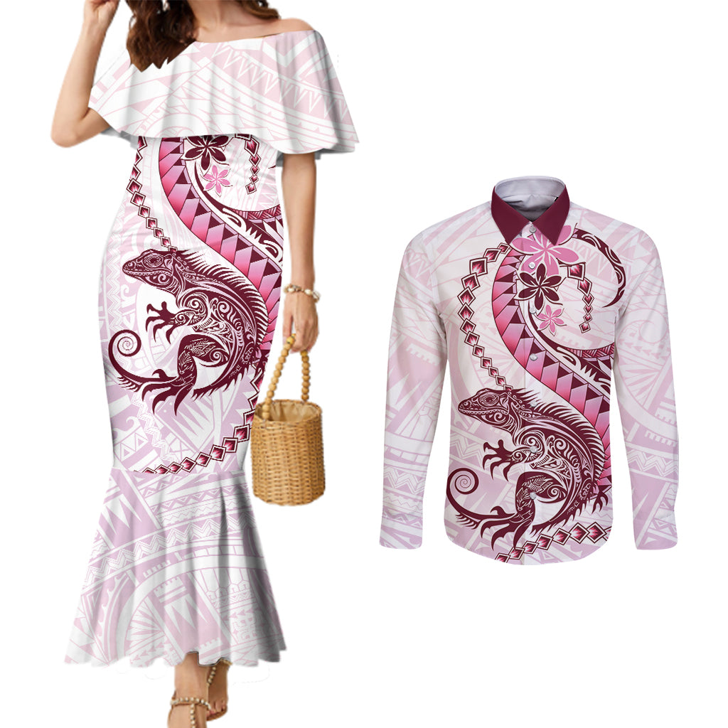 Pink Maori Tuatara Couples Matching Mermaid Dress and Long Sleeve Button Shirt Luxury Pastel Pattern LT01 Pink - Polynesian Pride