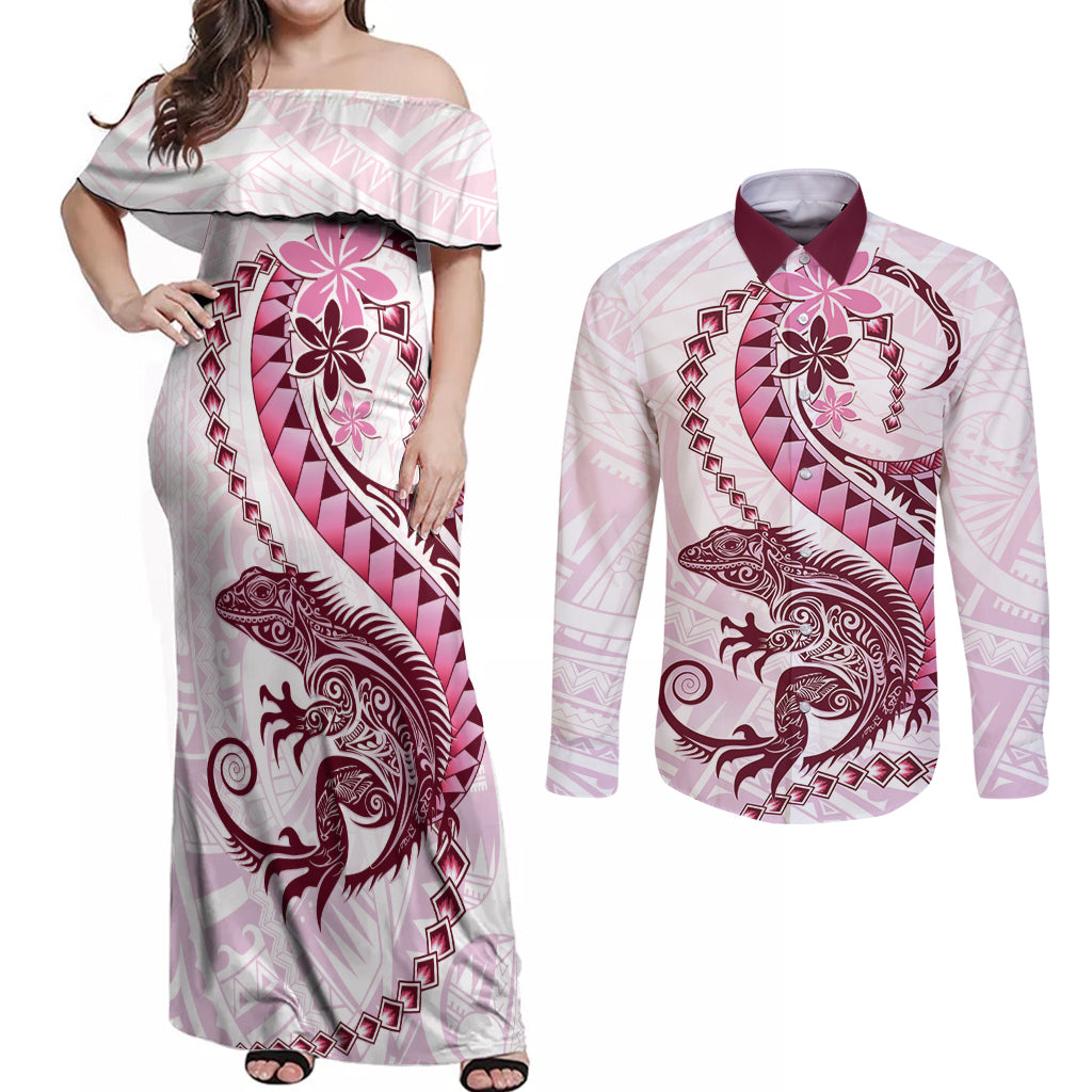 Pink Maori Tuatara Couples Matching Off Shoulder Maxi Dress and Long Sleeve Button Shirt Luxury Pastel Pattern LT01 Pink - Polynesian Pride