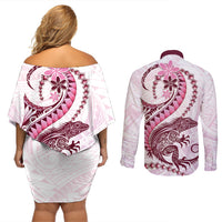 Pink Maori Tuatara Couples Matching Off Shoulder Short Dress and Long Sleeve Button Shirt Luxury Pastel Pattern