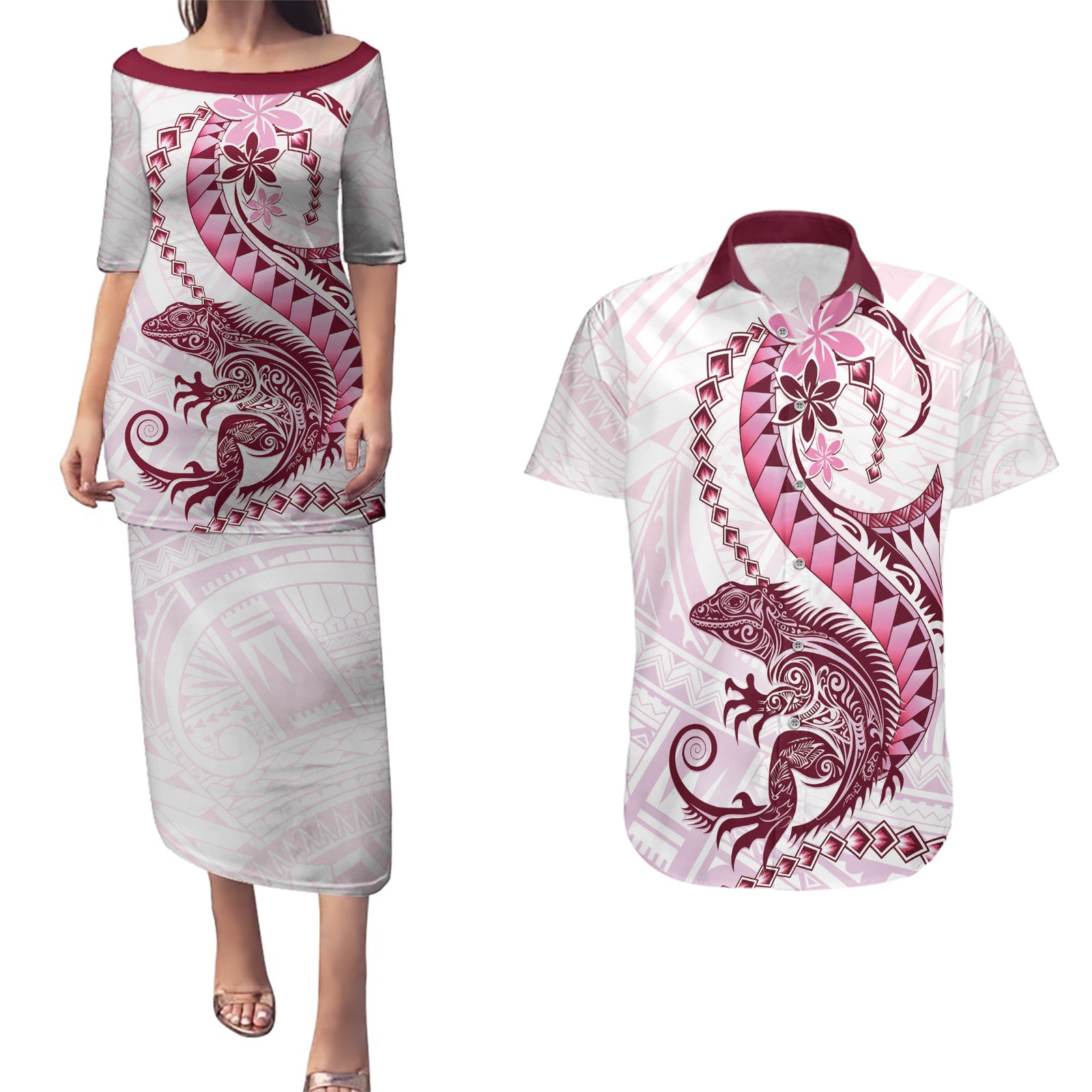 Pink Maori Tuatara Couples Matching Puletasi and Hawaiian Shirt Luxury Pastel Pattern
