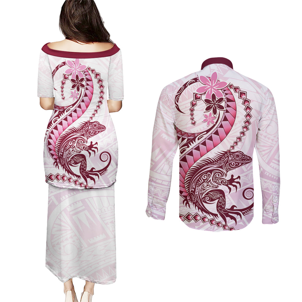 Pink Maori Tuatara Couples Matching Puletasi and Long Sleeve Button Shirt Luxury Pastel Pattern