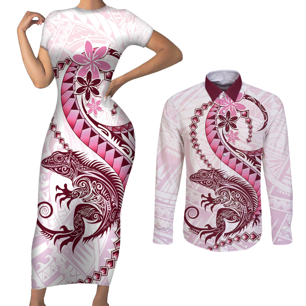 Pink Maori Tuatara Couples Matching Short Sleeve Bodycon Dress and Long Sleeve Button Shirt Luxury Pastel Pattern LT01 Pink - Polynesian Pride