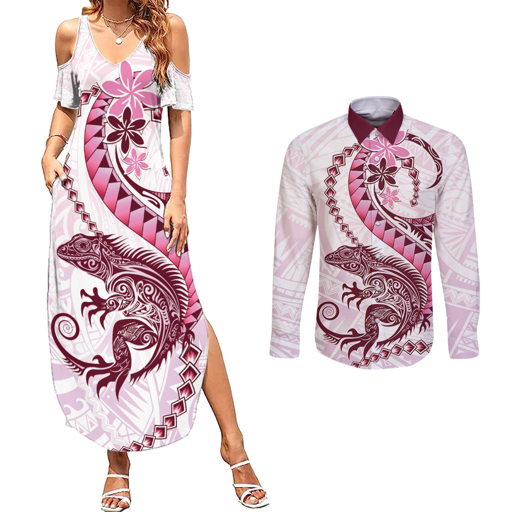 Pink Maori Tuatara Couples Matching Summer Maxi Dress and Long Sleeve Button Shirt Luxury Pastel Pattern LT01 Pink - Polynesian Pride