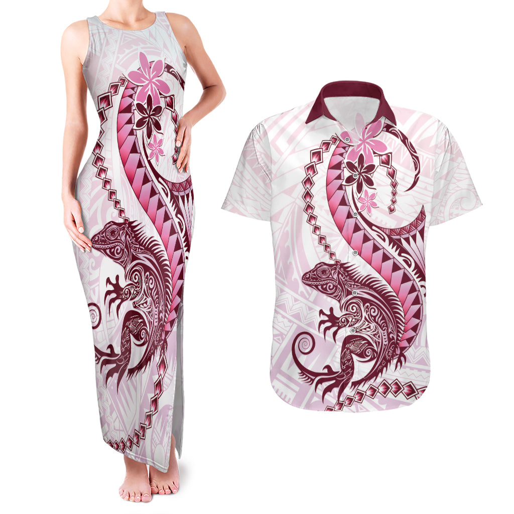 Pink Maori Tuatara Couples Matching Tank Maxi Dress and Hawaiian Shirt Luxury Pastel Pattern LT01 Pink - Polynesian Pride