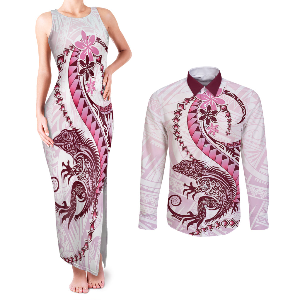Pink Maori Tuatara Couples Matching Tank Maxi Dress and Long Sleeve Button Shirt Luxury Pastel Pattern LT01 Pink - Polynesian Pride