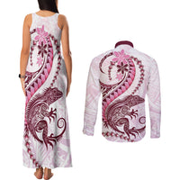 Pink Maori Tuatara Couples Matching Tank Maxi Dress and Long Sleeve Button Shirt Luxury Pastel Pattern LT01 - Polynesian Pride