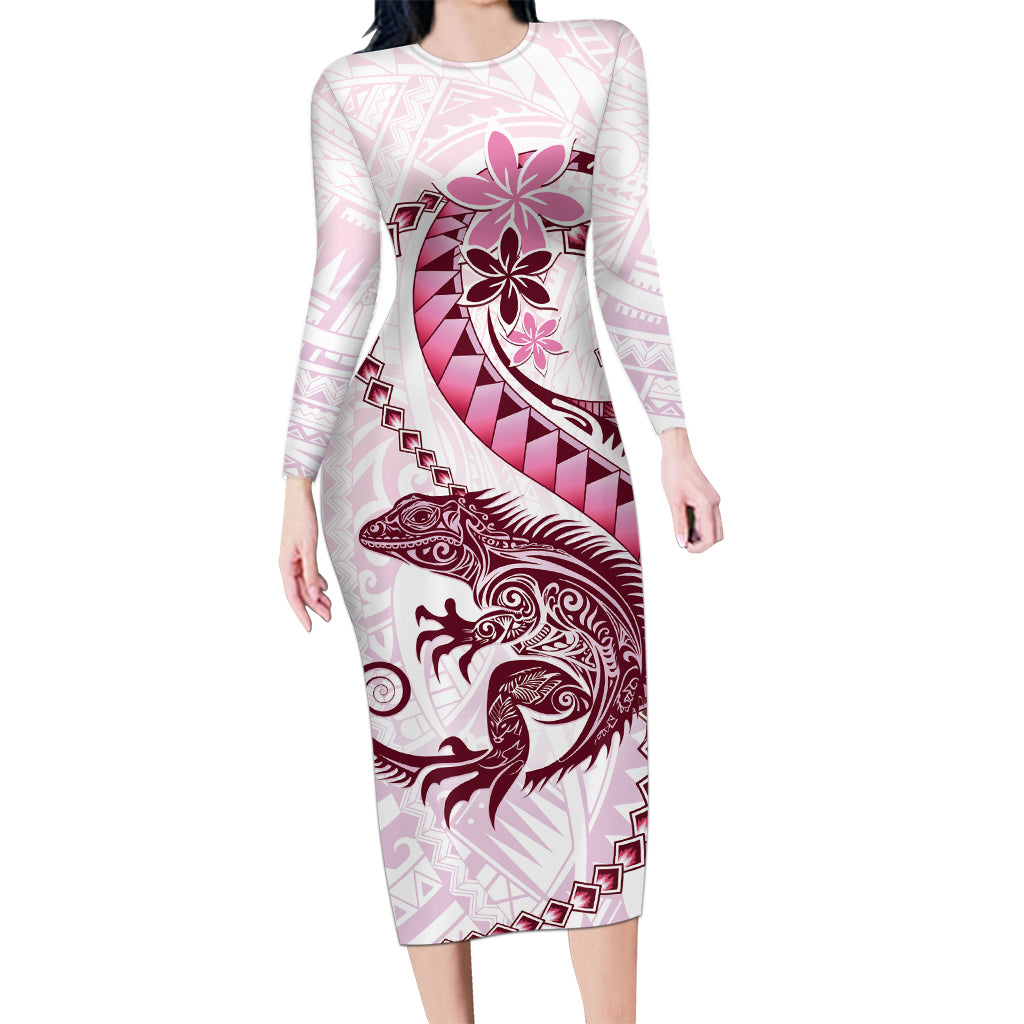 Pink Maori Tuatara Long Sleeve Bodycon Dress Luxury Pastel Pattern LT01 Long Dress Pink - Polynesian Pride