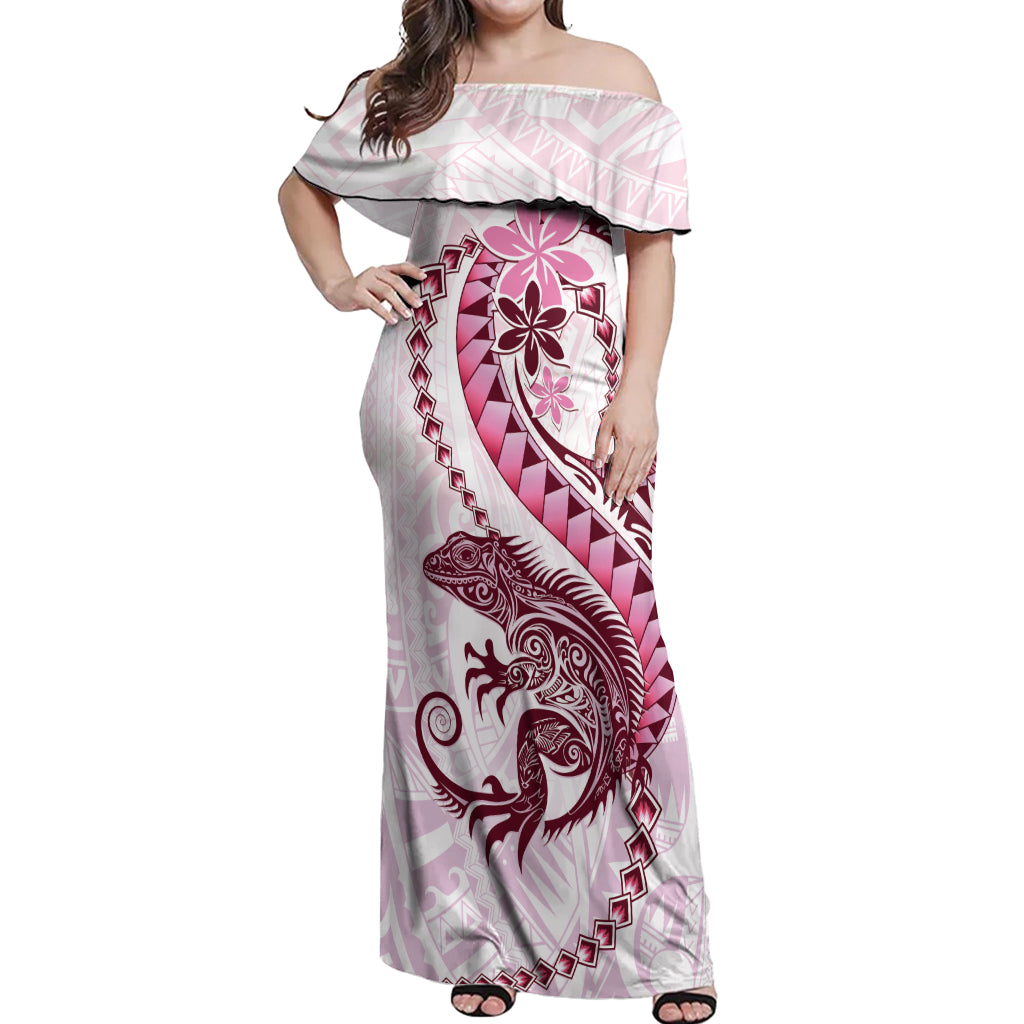 Pink Maori Tuatara Off Shoulder Maxi Dress Luxury Pastel Pattern LT01 Women Pink - Polynesian Pride