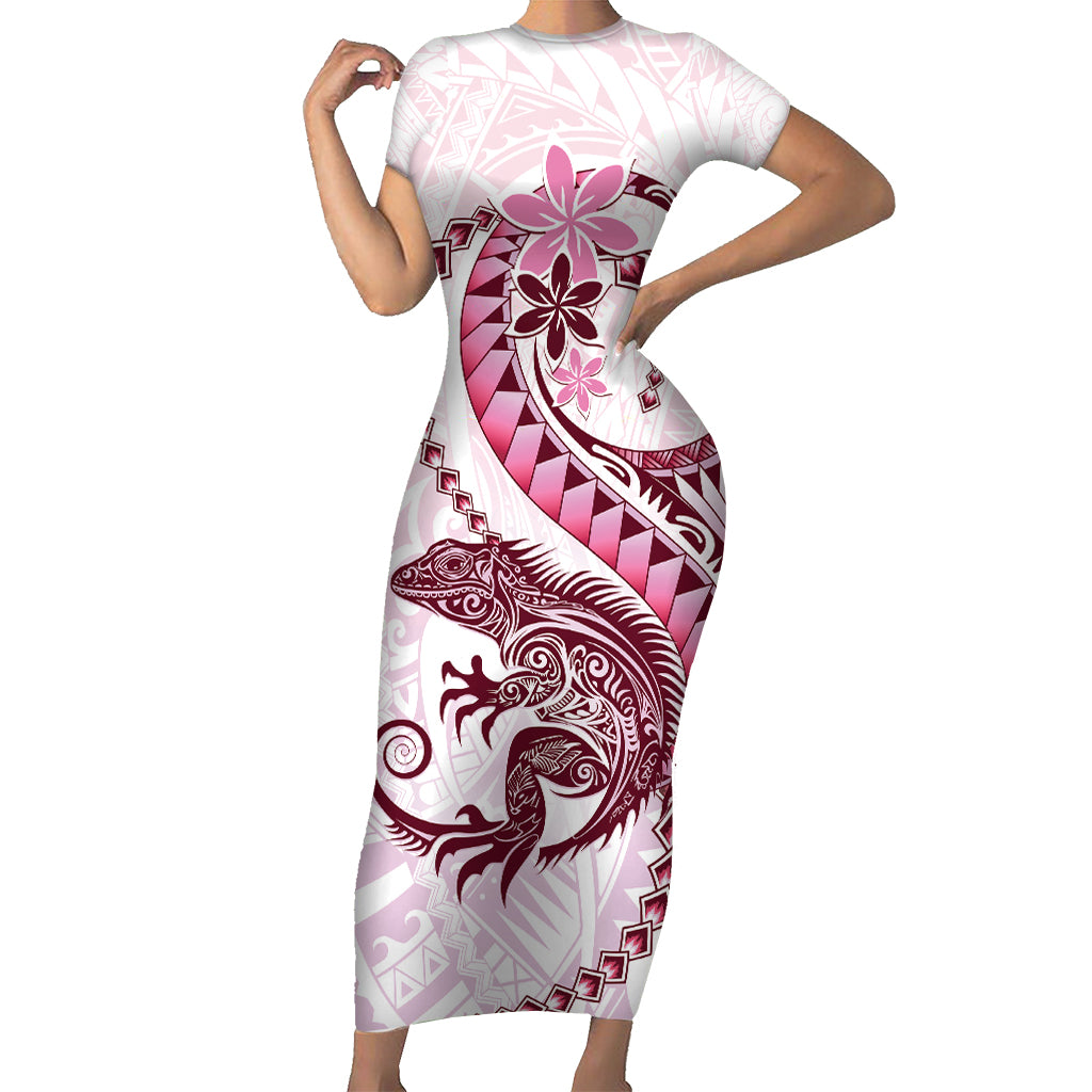 Pink Maori Tuatara Short Sleeve Bodycon Dress Luxury Pastel Pattern LT01 Long Dress Pink - Polynesian Pride