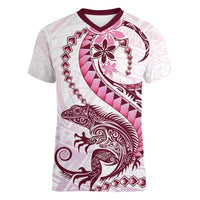 Pink Maori Tuatara Women V-Neck T-Shirt Luxury Pastel Pattern