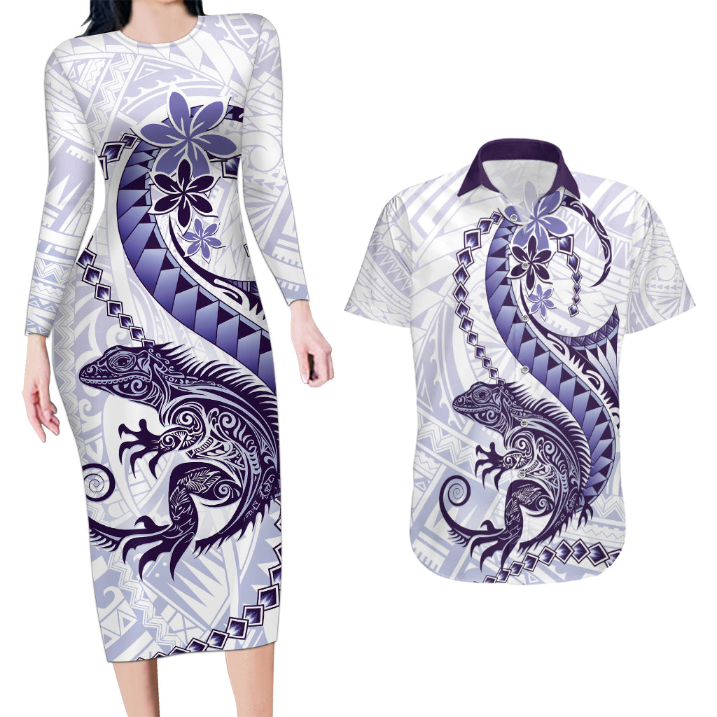 Purple Maori Tuatara Couples Matching Long Sleeve Bodycon Dress and Hawaiian Shirt Luxury Pastel Pattern LT01 Purple - Polynesian Pride