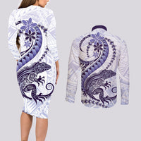 Purple Maori Tuatara Couples Matching Long Sleeve Bodycon Dress and Long Sleeve Button Shirt Luxury Pastel Pattern