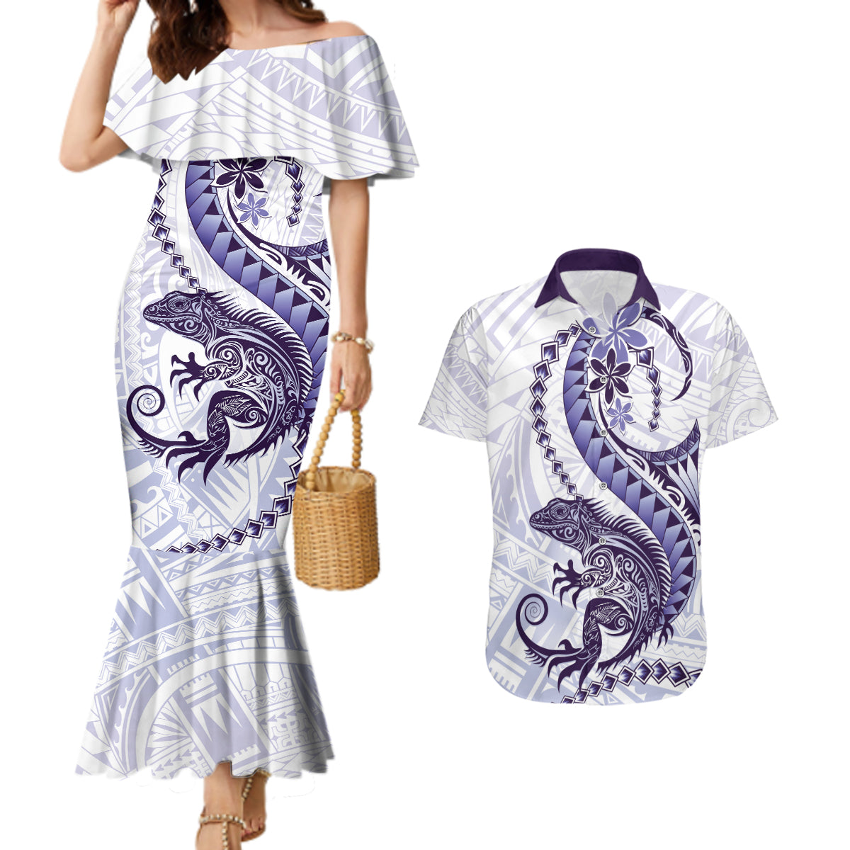 Purple Maori Tuatara Couples Matching Mermaid Dress and Hawaiian Shirt Luxury Pastel Pattern LT01 Purple - Polynesian Pride