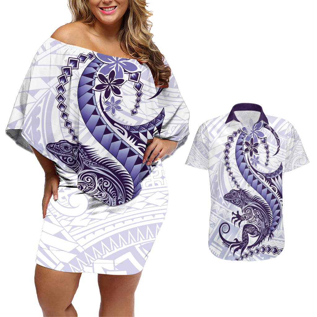 Purple Maori Tuatara Couples Matching Off Shoulder Short Dress and Hawaiian Shirt Luxury Pastel Pattern LT01 Purple - Polynesian Pride