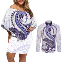 Purple Maori Tuatara Couples Matching Off Shoulder Short Dress and Long Sleeve Button Shirt Luxury Pastel Pattern