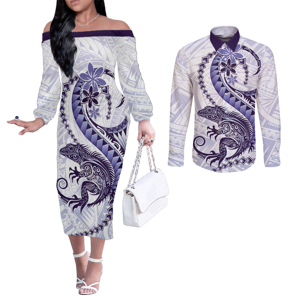 Purple Maori Tuatara Couples Matching Off The Shoulder Long Sleeve Dress and Long Sleeve Button Shirt Luxury Pastel Pattern
