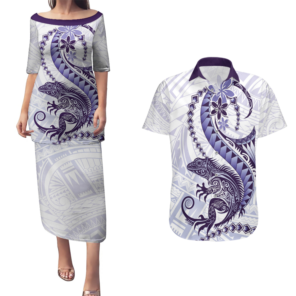 Purple Maori Tuatara Couples Matching Puletasi and Hawaiian Shirt Luxury Pastel Pattern