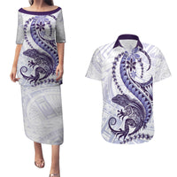 Purple Maori Tuatara Couples Matching Puletasi and Hawaiian Shirt Luxury Pastel Pattern
