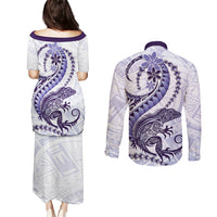 Purple Maori Tuatara Couples Matching Puletasi and Long Sleeve Button Shirt Luxury Pastel Pattern