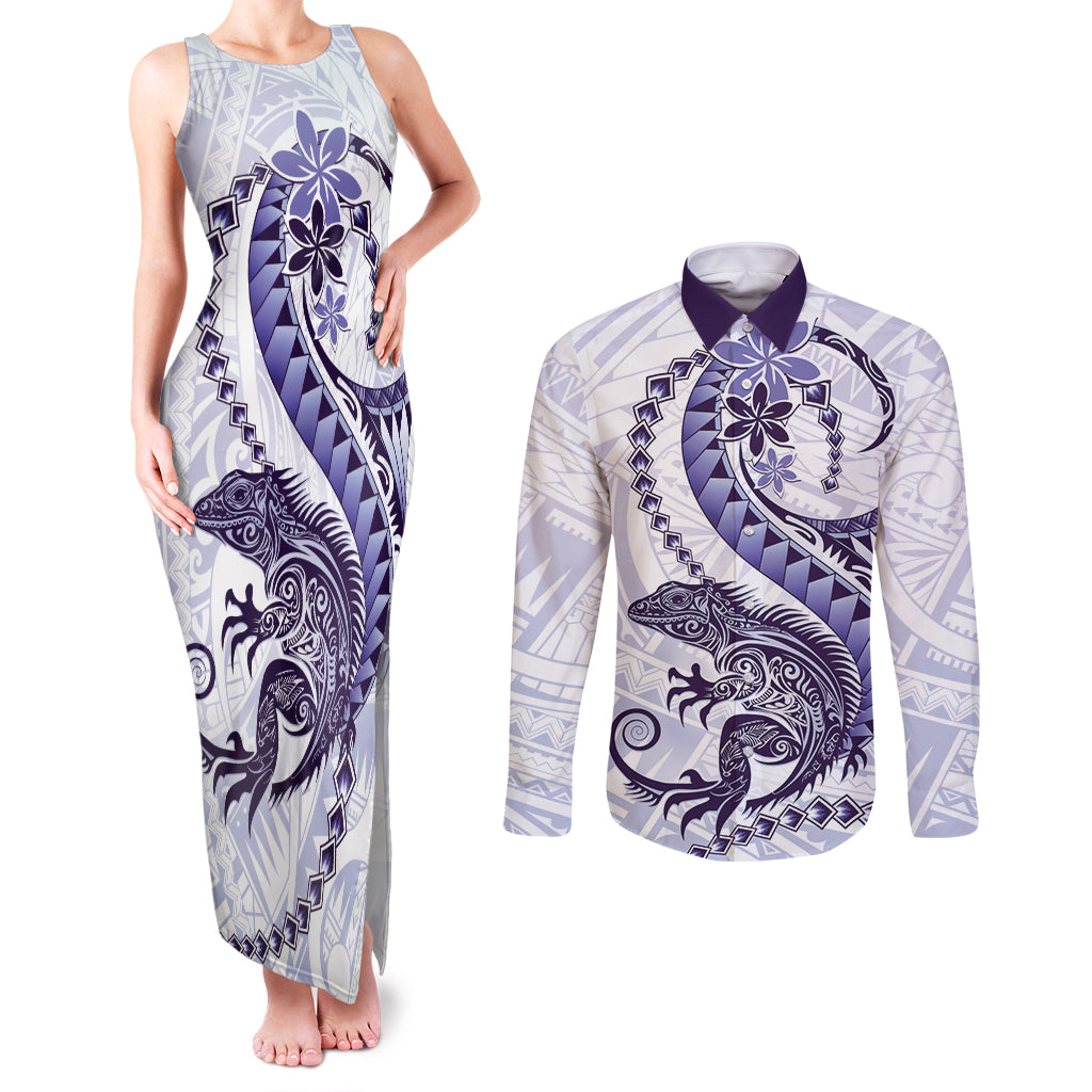 Purple Maori Tuatara Couples Matching Tank Maxi Dress and Long Sleeve Button Shirt Luxury Pastel Pattern LT01 Purple - Polynesian Pride