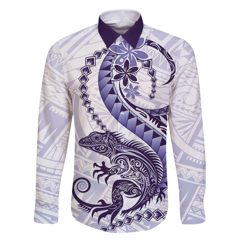Purple Maori Tuatara Family Matching Long Sleeve Bodycon Dress and Hawaiian Shirt Luxury Pastel Pattern LT01 Dad's Shirt - Long Sleeve Purple - Polynesian Pride