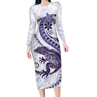 Purple Maori Tuatara Family Matching Long Sleeve Bodycon Dress and Hawaiian Shirt Luxury Pastel Pattern LT01 Mom's Dress Purple - Polynesian Pride