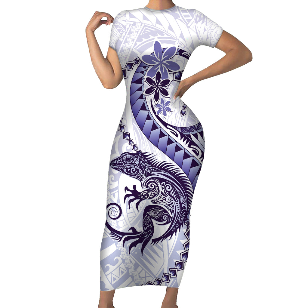 Purple Maori Tuatara Short Sleeve Bodycon Dress Luxury Pastel Pattern LT01 Long Dress Purple - Polynesian Pride