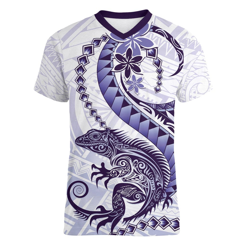 Purple Maori Tuatara Women V-Neck T-Shirt Luxury Pastel Pattern