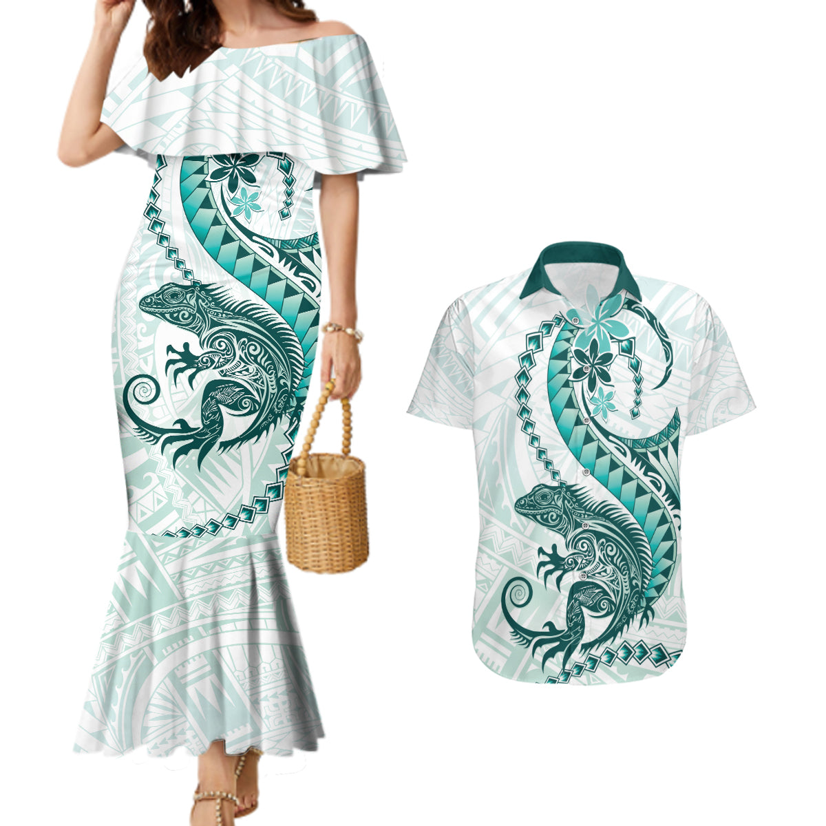 Teal Maori Tuatara Couples Matching Mermaid Dress and Hawaiian Shirt Luxury Pastel Pattern LT01 Teal - Polynesian Pride