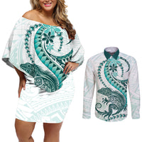 Teal Maori Tuatara Couples Matching Off Shoulder Short Dress and Long Sleeve Button Shirt Luxury Pastel Pattern