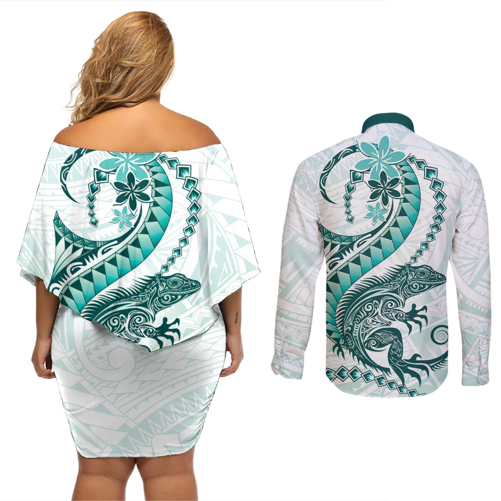 Teal Maori Tuatara Couples Matching Off Shoulder Short Dress and Long Sleeve Button Shirt Luxury Pastel Pattern