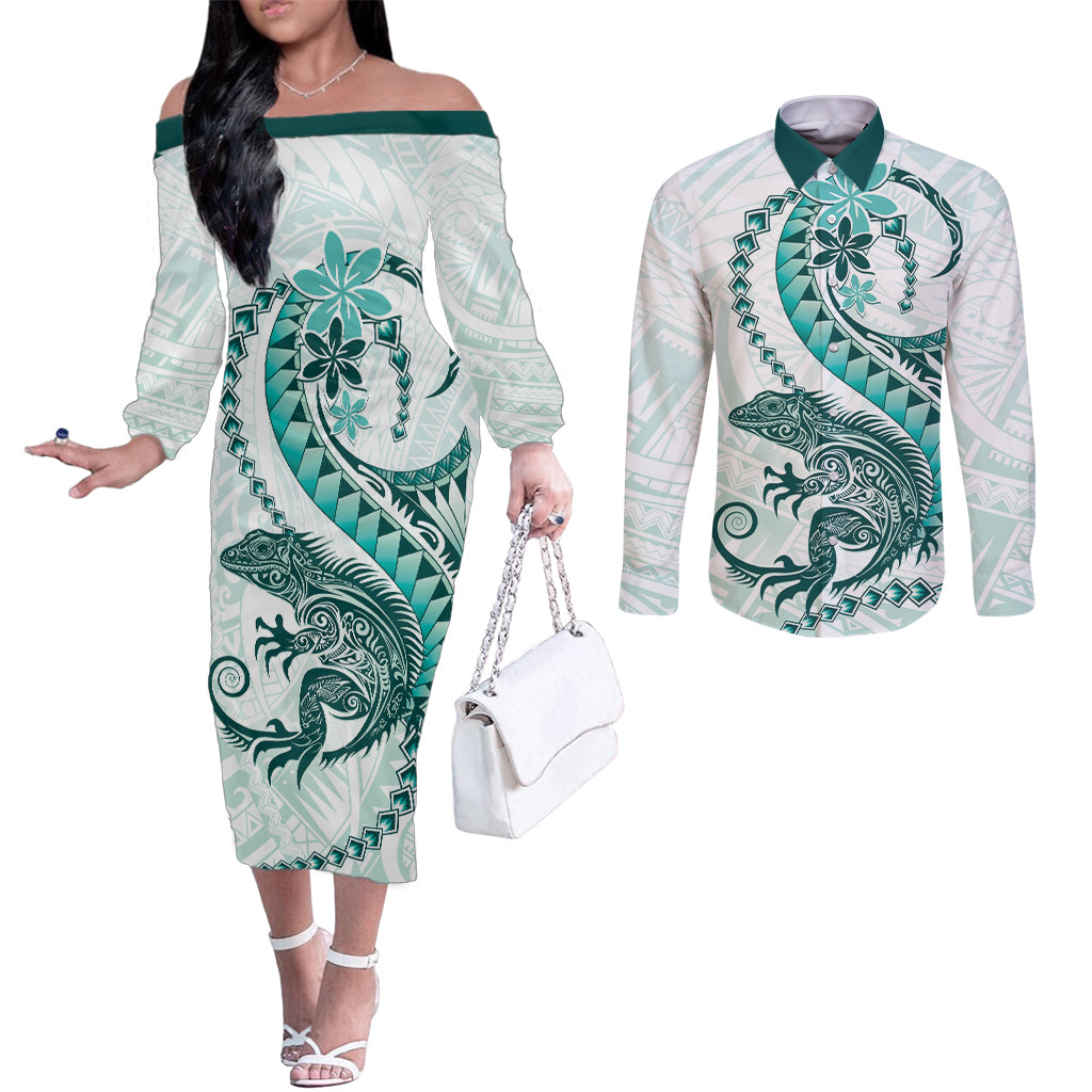 Teal Maori Tuatara Couples Matching Off The Shoulder Long Sleeve Dress and Long Sleeve Button Shirt Luxury Pastel Pattern