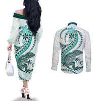 Teal Maori Tuatara Couples Matching Off The Shoulder Long Sleeve Dress and Long Sleeve Button Shirt Luxury Pastel Pattern