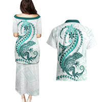 Teal Maori Tuatara Couples Matching Puletasi and Hawaiian Shirt Luxury Pastel Pattern