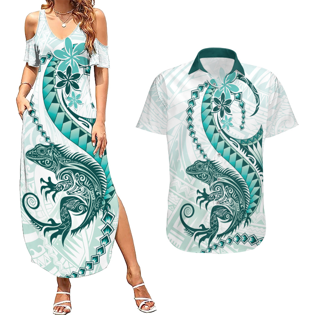 Teal Maori Tuatara Couples Matching Summer Maxi Dress and Hawaiian Shirt Luxury Pastel Pattern