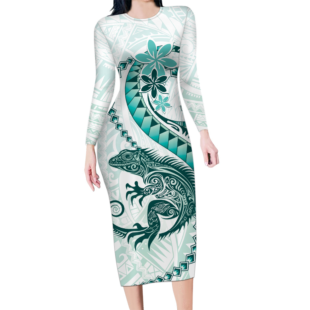 Teal Maori Tuatara Long Sleeve Bodycon Dress Luxury Pastel Pattern LT01 Long Dress Teal - Polynesian Pride