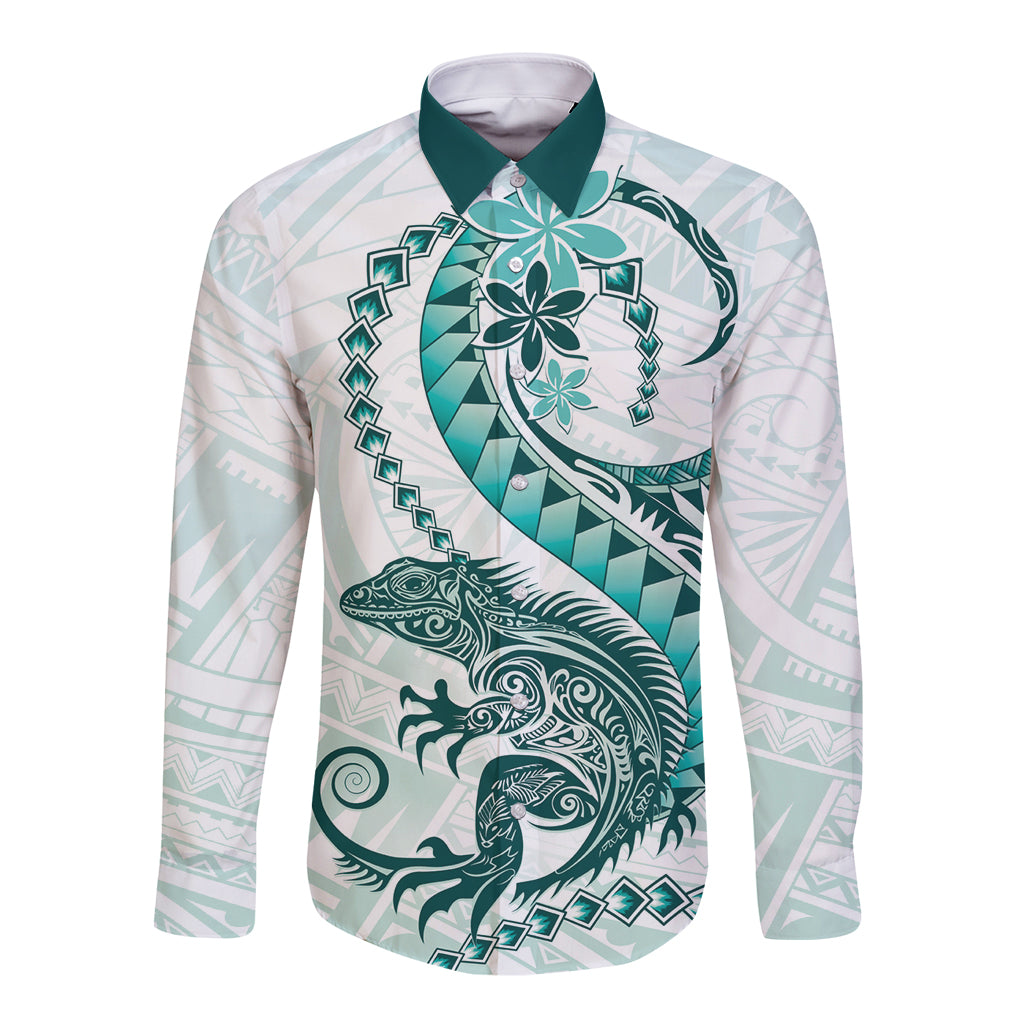 Teal Maori Tuatara Long Sleeve Button Shirt Luxury Pastel Pattern LT01 Unisex Teal - Polynesian Pride