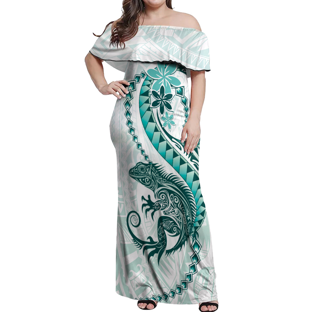 Teal Maori Tuatara Off Shoulder Maxi Dress Luxury Pastel Pattern