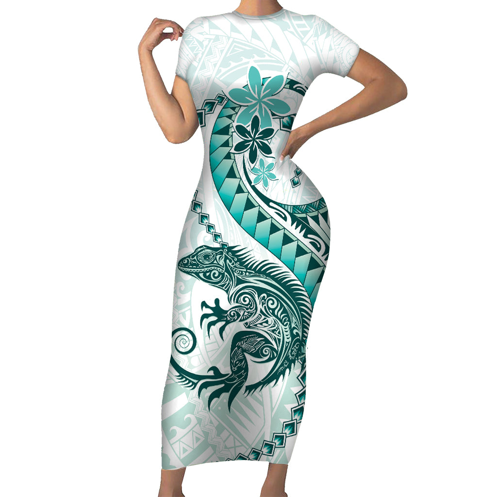 Teal Maori Tuatara Short Sleeve Bodycon Dress Luxury Pastel Pattern LT01 Long Dress Teal - Polynesian Pride