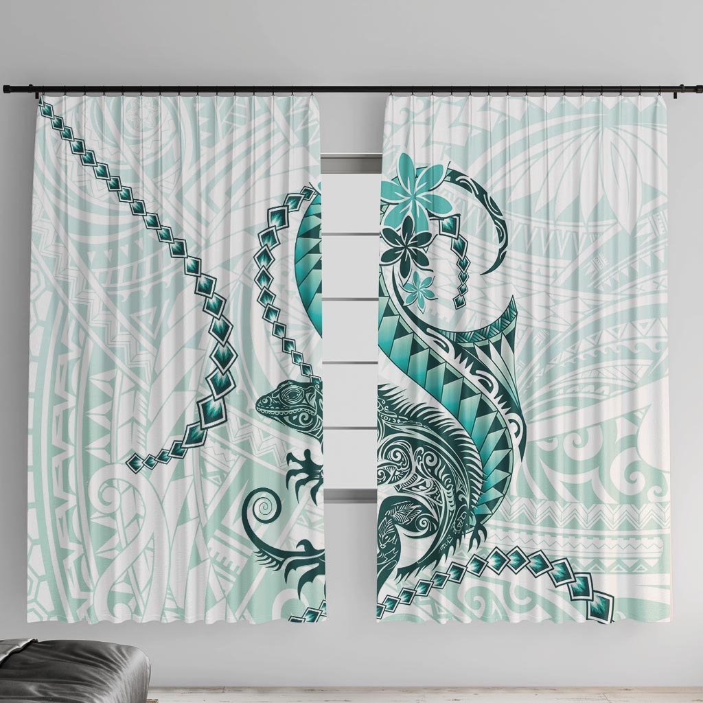 Teal Maori Tuatara Window Curtain Luxury Pastel Pattern LT01 With Hooks Teal - Polynesian Pride
