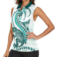 Teal Maori Tuatara Women Sleeveless Polo Shirt Luxury Pastel Pattern