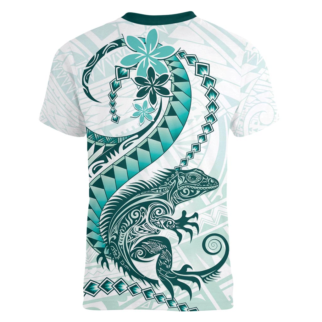Teal Maori Tuatara Women V-Neck T-Shirt Luxury Pastel Pattern