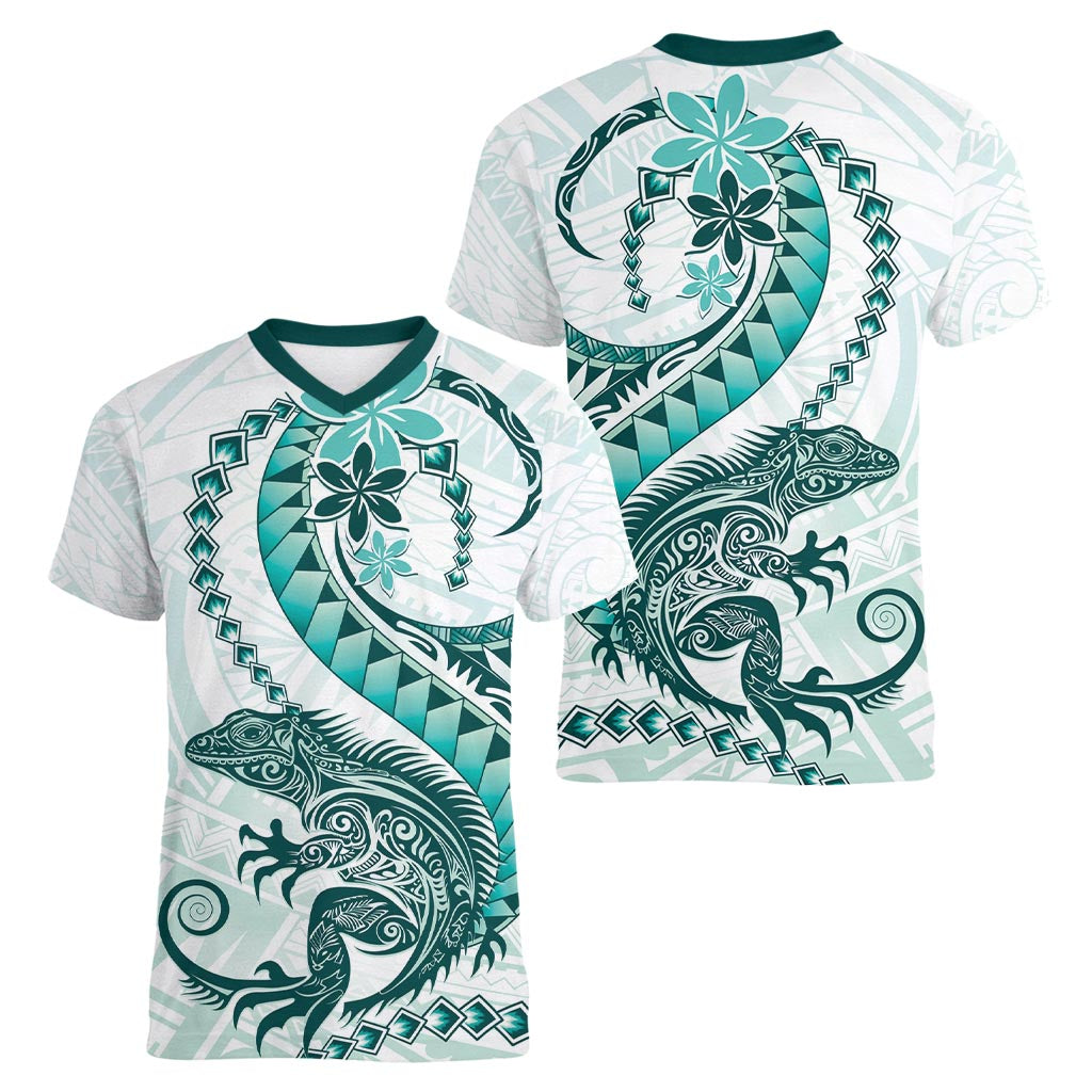 Teal Maori Tuatara Women V-Neck T-Shirt Luxury Pastel Pattern